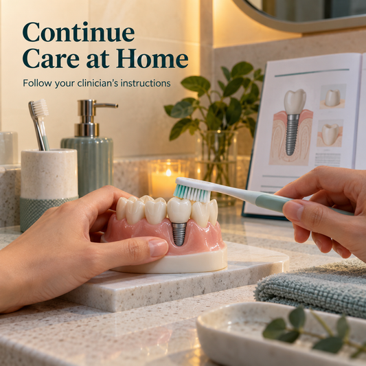 At-home cleaning of a fitted crown illustrated with a model and record booklet. Educational illustration.