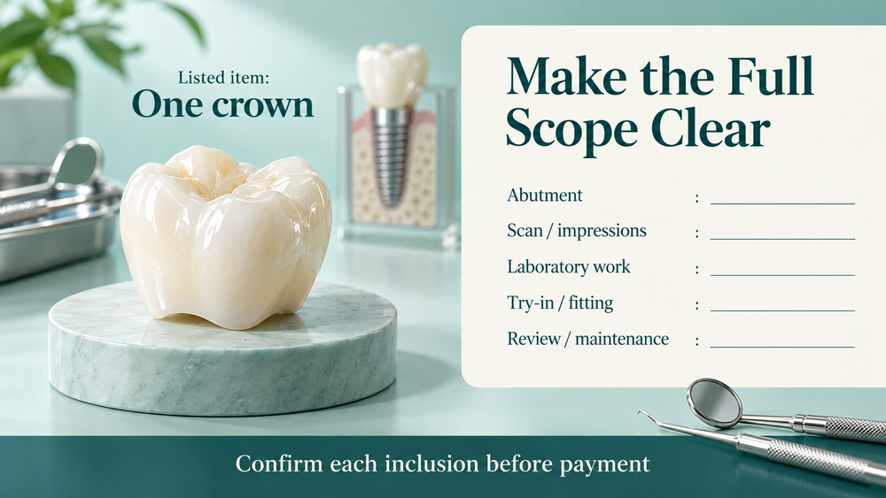 Wide itemised quotation distinguishing a single crown from components and clinical services. Educational illustration.