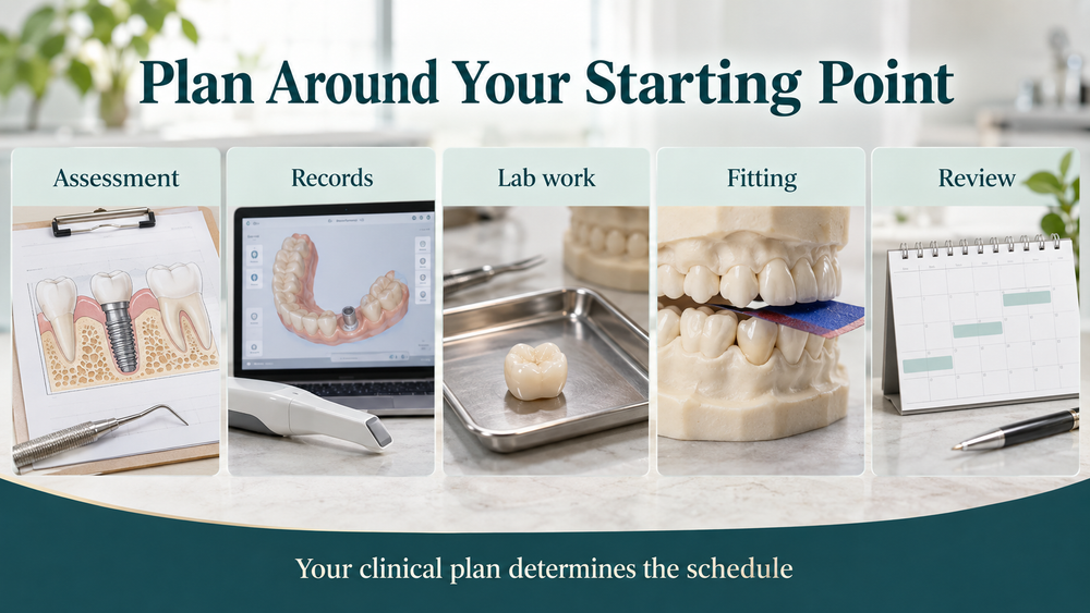 Wide crown treatment timeline with assessment, records, laboratory work, fitting and review. Educational illustration.