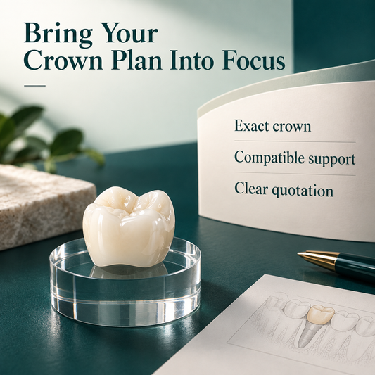 One crown, implant record and itemised plan arranged as a final consultation invitation. Educational illustration.